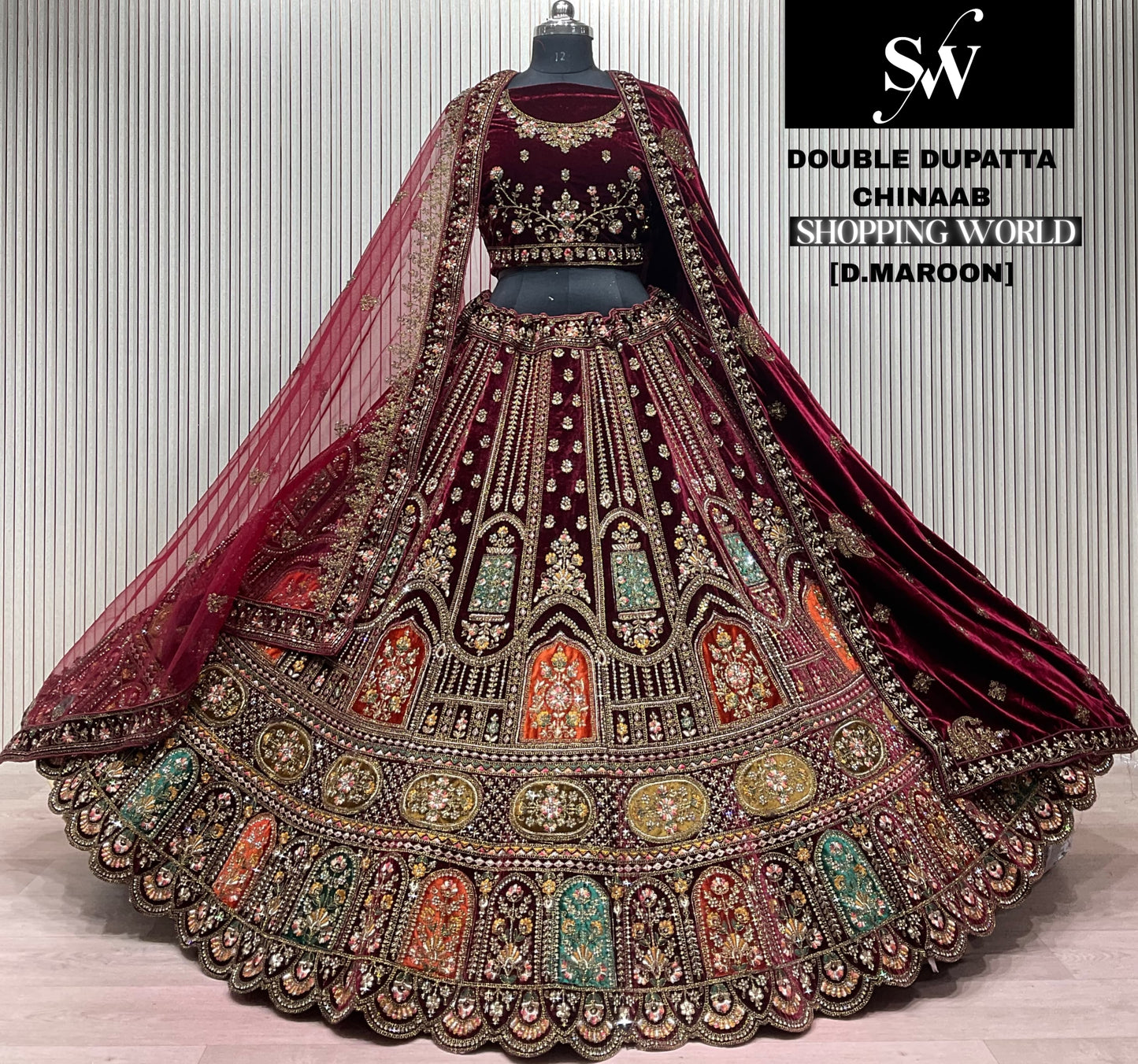 Dark Maroon Double Dupatta Bridal Lehenga