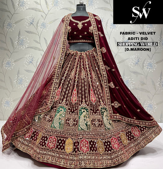 Light Maroon Peacock Velvet Bridal Lehenga