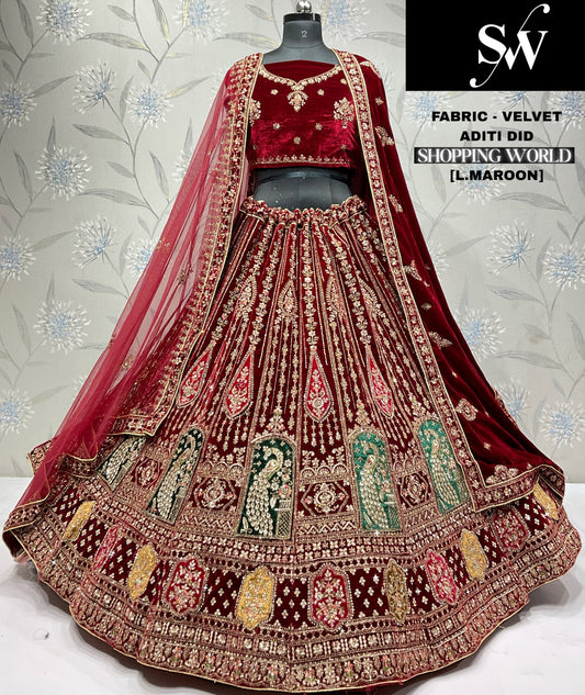 Dark Maroon Peacock Velvet Bridal Lehenga