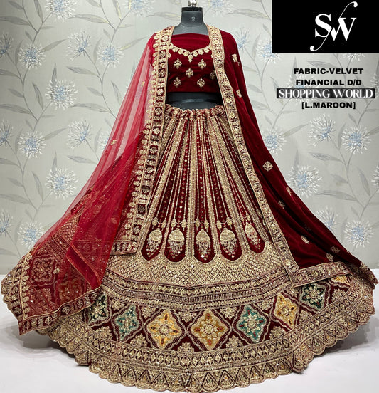 Dark Maroon Velvet Bridal Lehenga