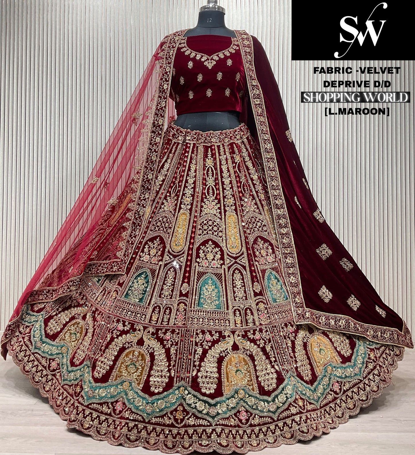 Light Maroon Velvet Peacock Bridal Lehenga