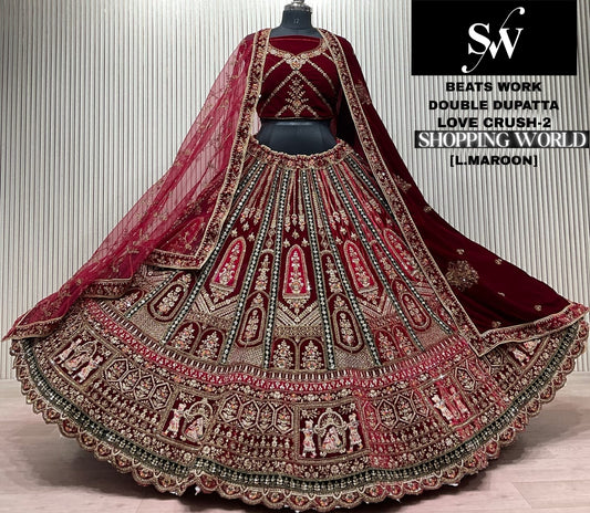 Dark Maroon Double Dupatta Bridal Lehenga