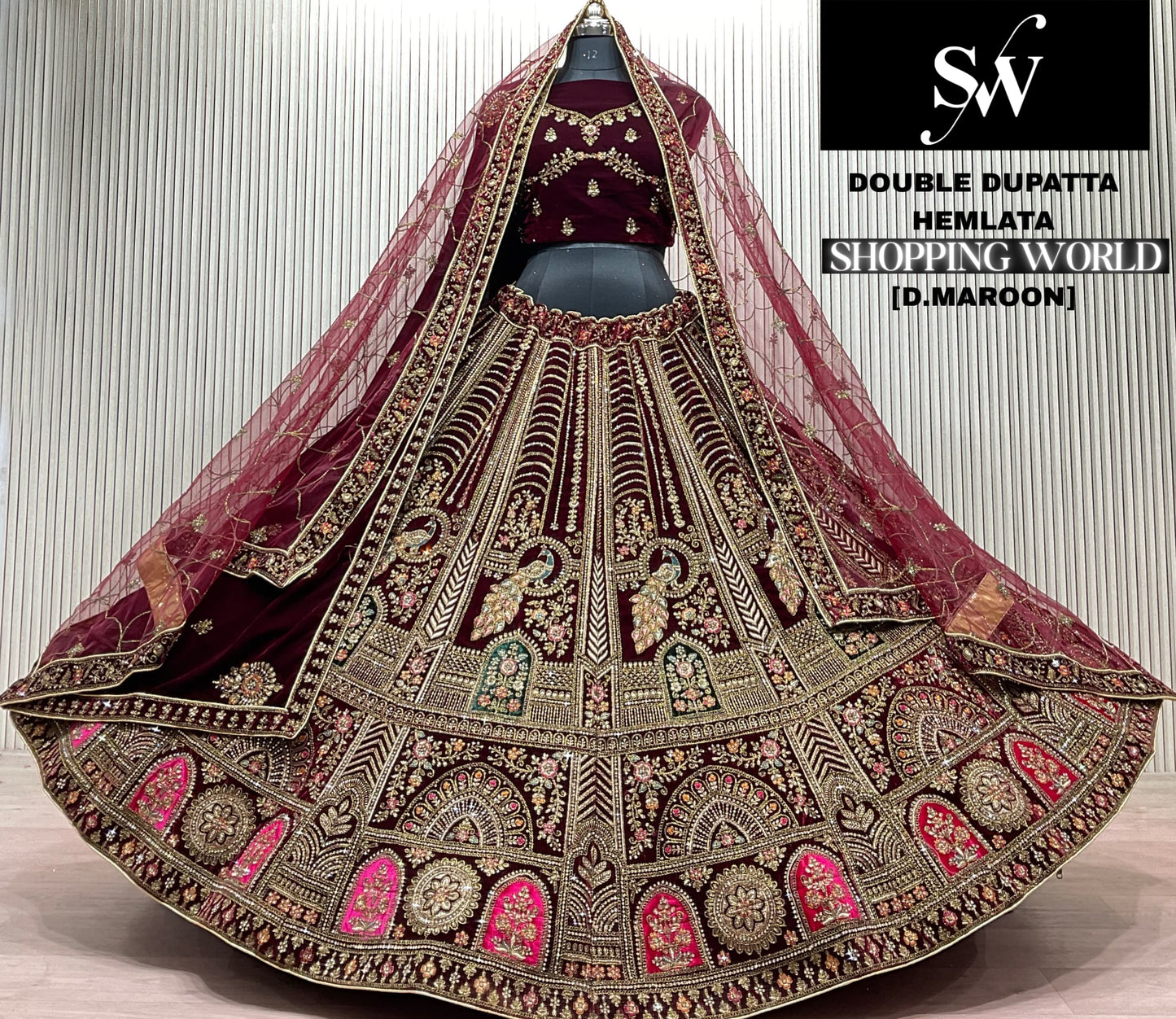 Dark Maroon Peacock Double Dupatta Bridal Lehenga