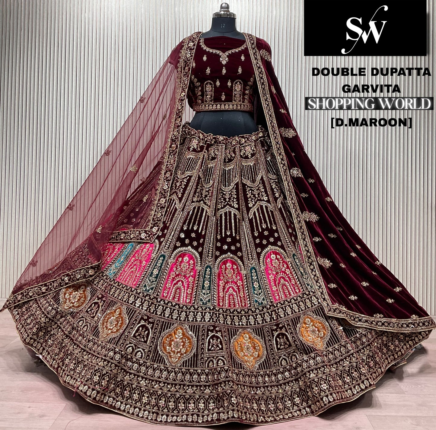 Dark Maroon Double Dupatta Bridal Lehenga