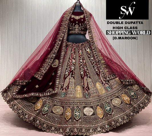 Light Maroon Double Dupatta Peacock Bridal Lehenga