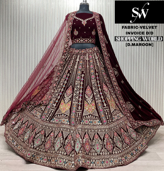 Light Maroon Velvet Bridal Lehenga