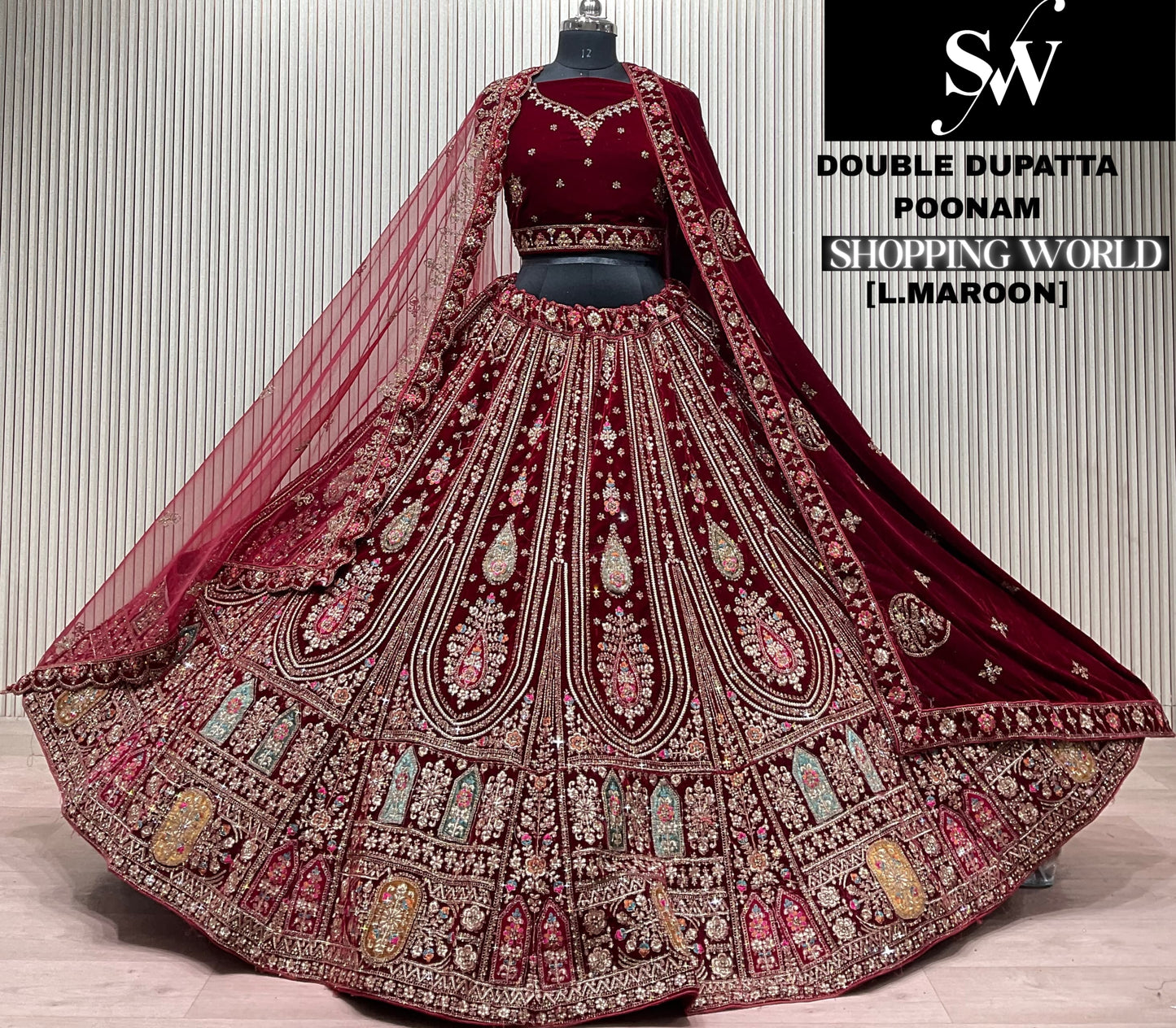Dark Maroon Double Dupatta Bridal Lehenga