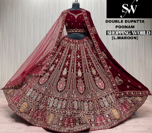Dark Maroon Double Dupatta Bridal Lehenga