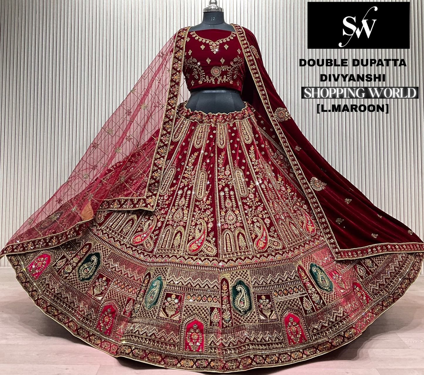 Dark Maroon Double Dupatta Bridal Lehenga