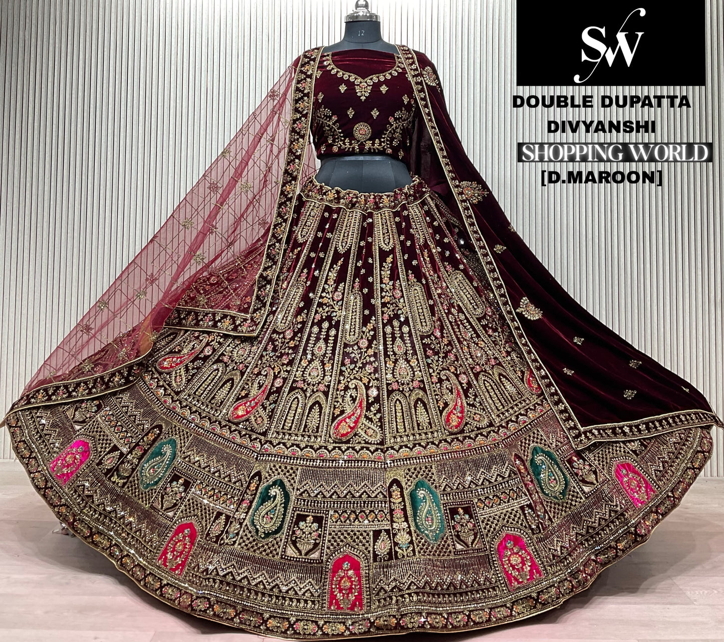 Light Maroon Double Dupatta Bridal Lehenga - Shopping World