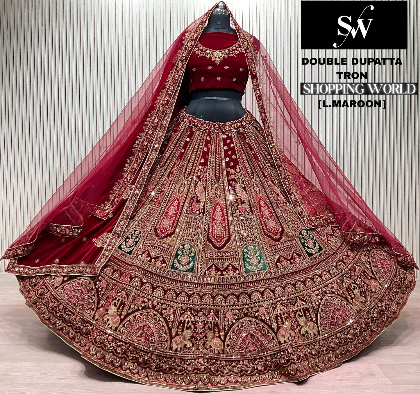 Light Maroon Double Dupatta Peacock Bridal Lehenga - Shopping World