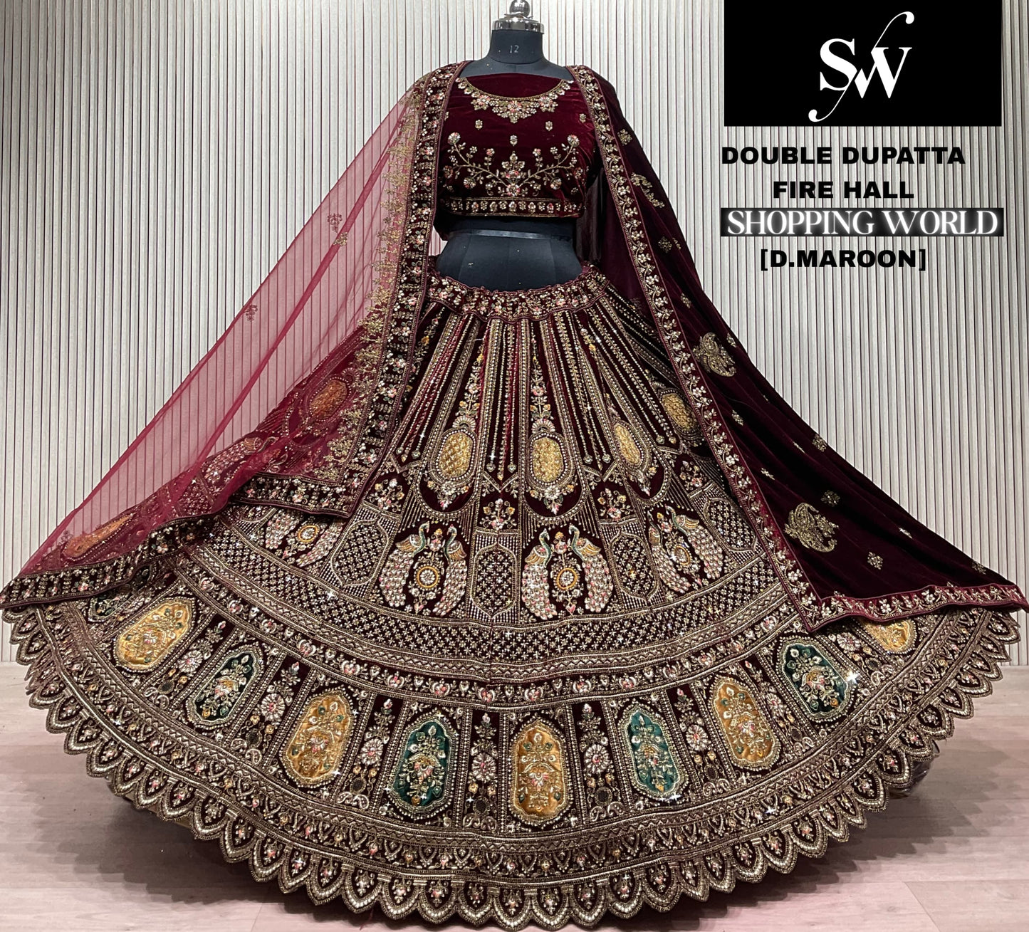 Dark Maroon Peacock Double Dupatta Bridal Lehenga - Shopping World