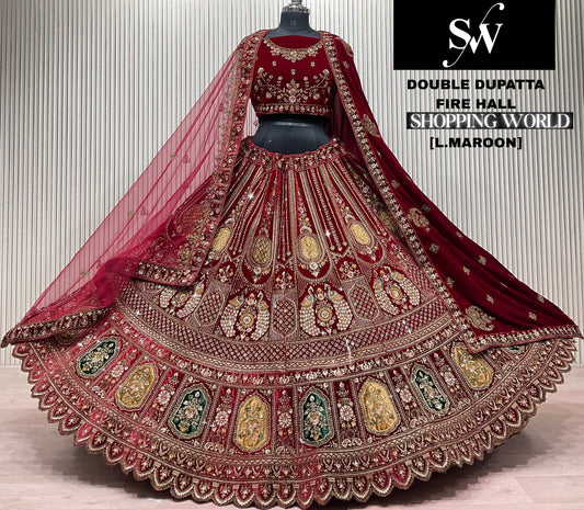 Dark Maroon Peacock Double Dupatta Bridal Lehenga