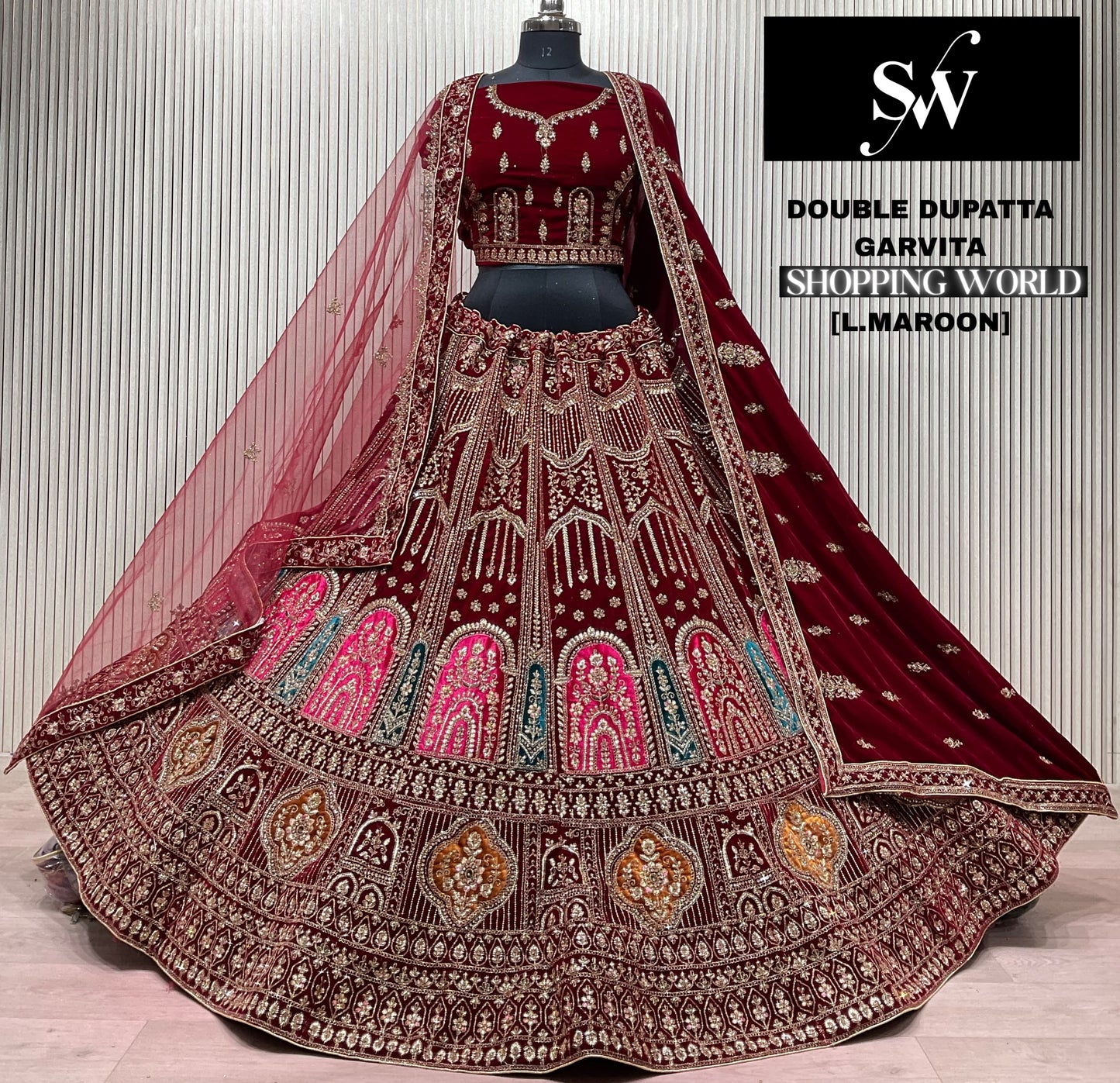 Light Maroon Double Dupatta Bridal Lehenga