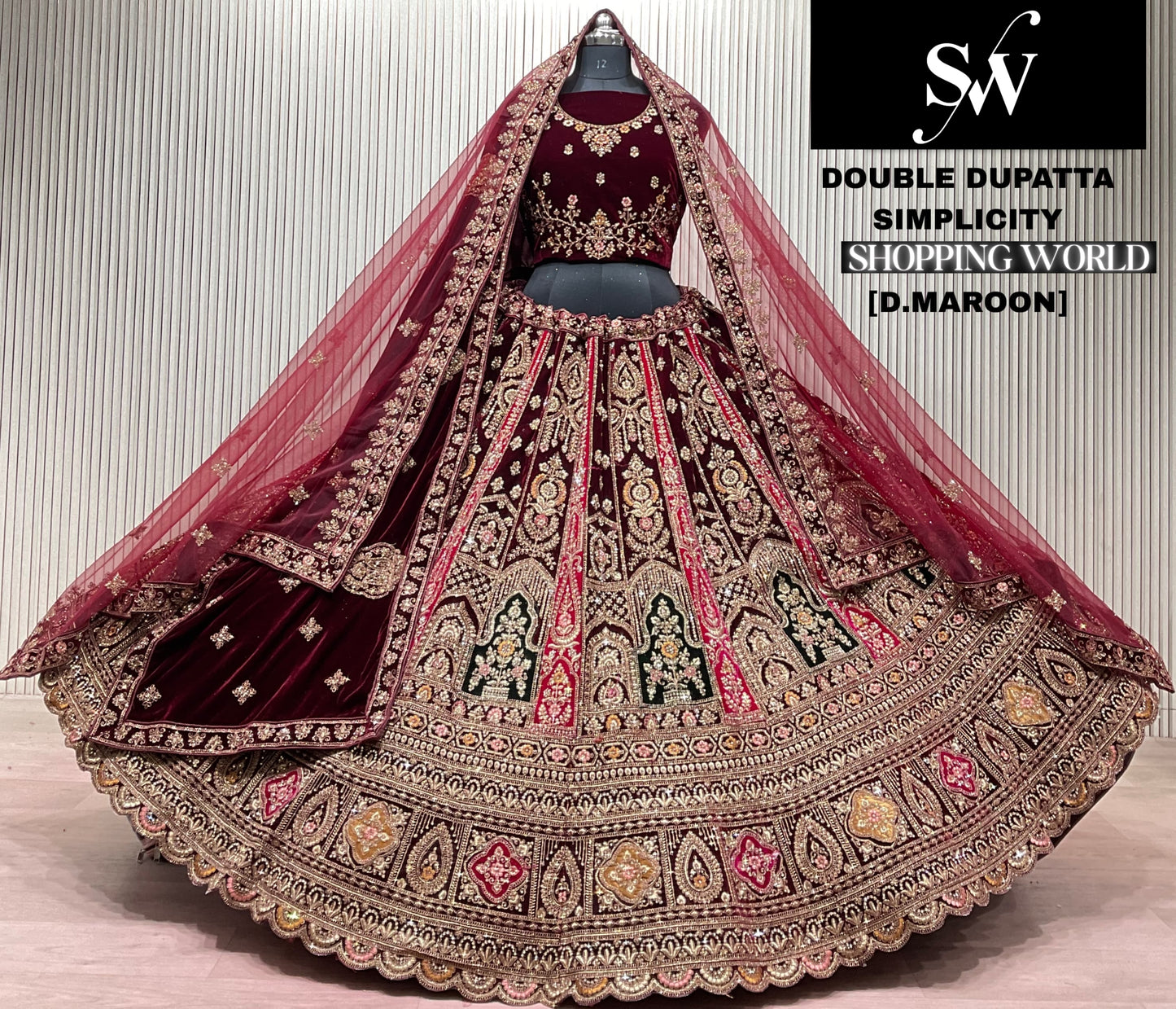 Dark Maroon Double Dupatta Bridal Lehenga