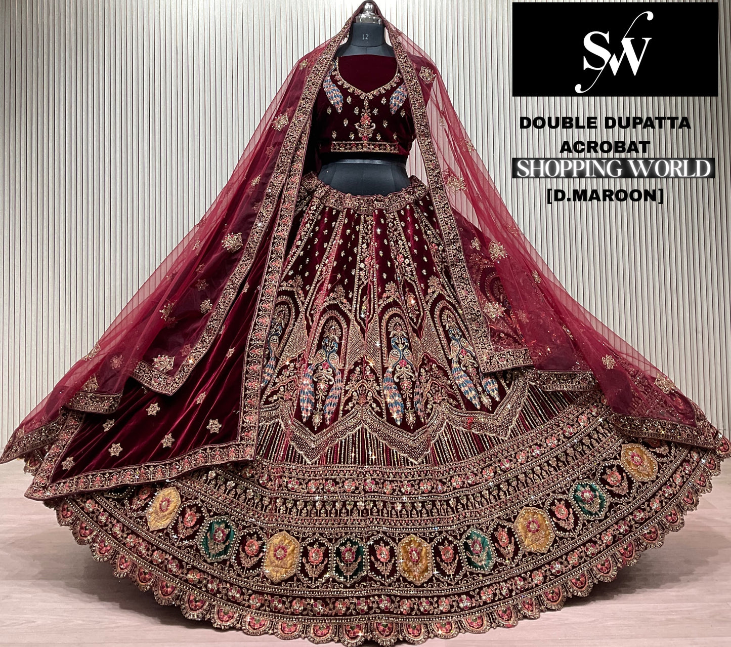 Dark Maroon Peacock Double Dupatta Bridal Lehenga