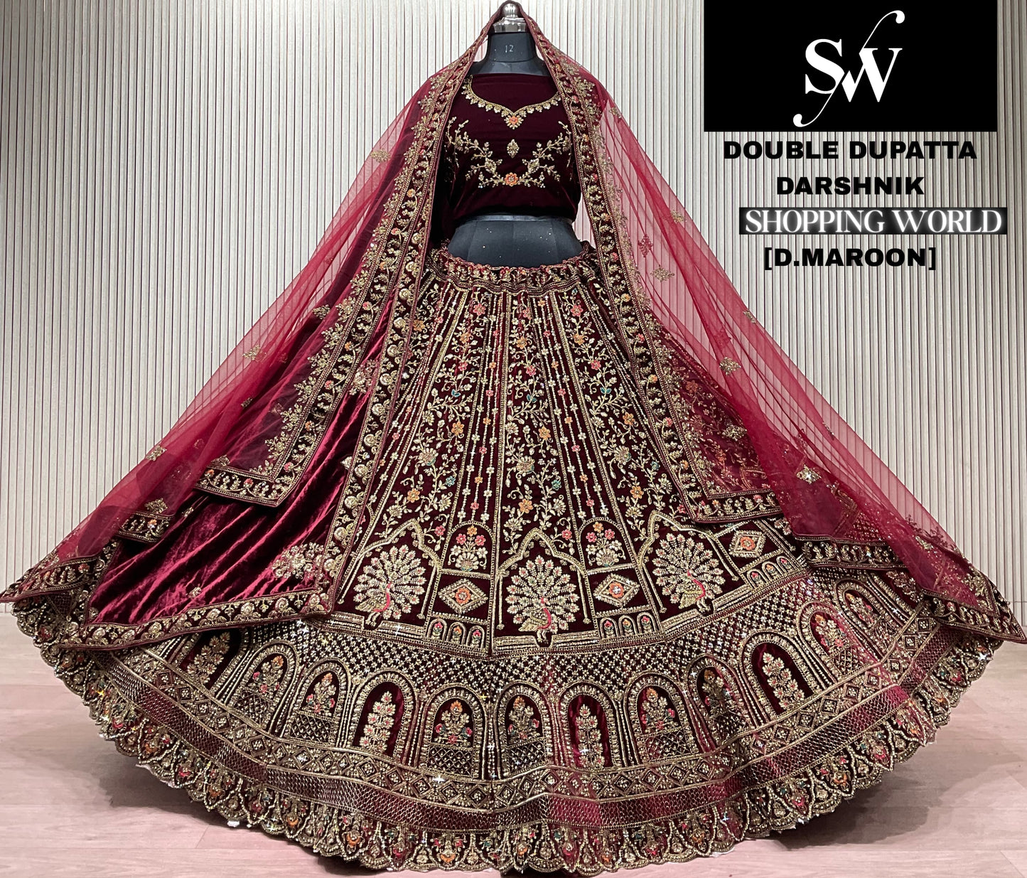 Dark Maroon Peacock Double Dupatta Bridal Lehenga - Shopping World