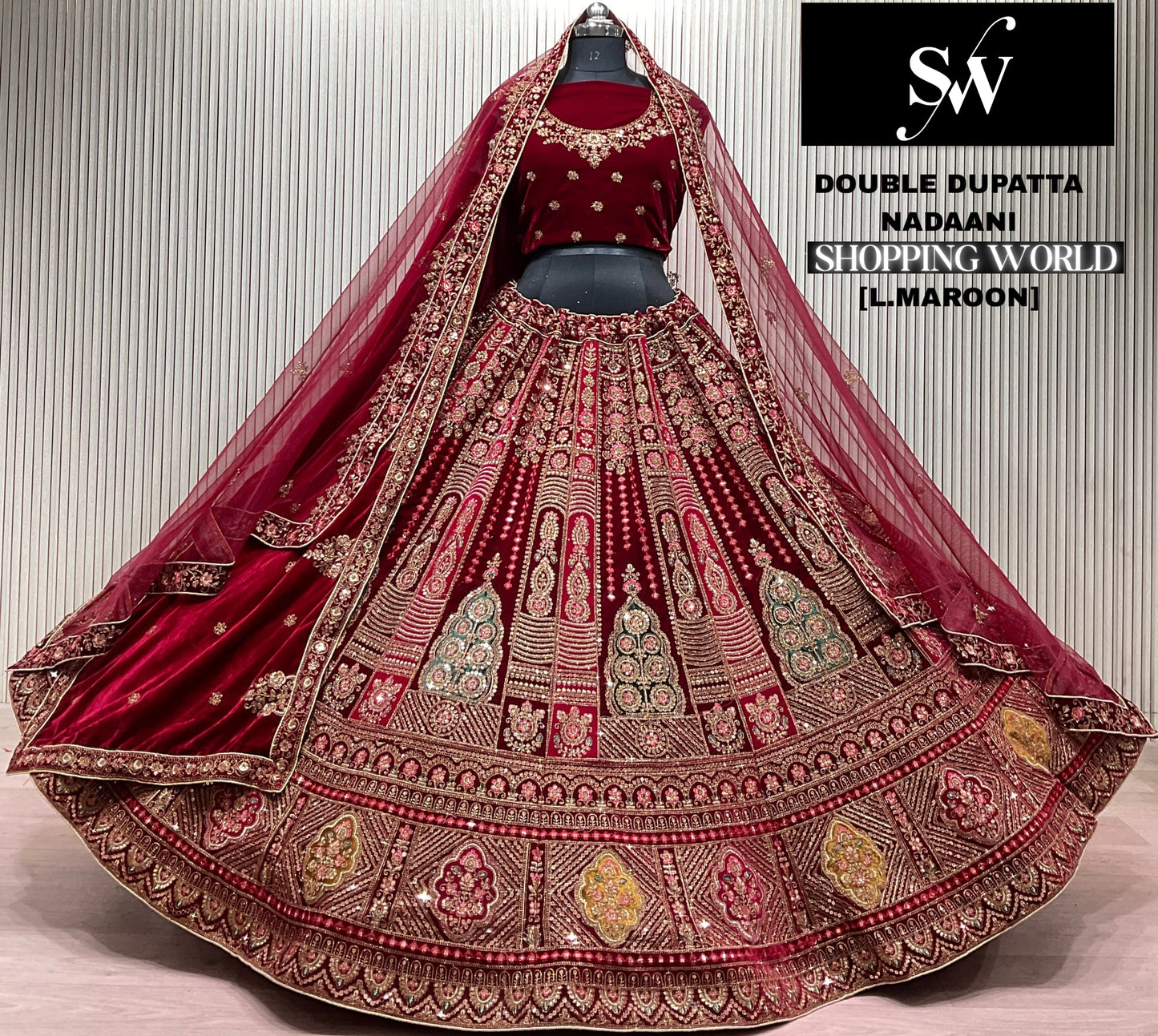 Dark Maroon Double Dupatta Bridal Lehenga - Shopping World