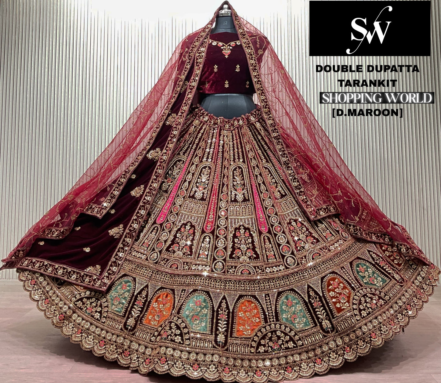 Dark Maroon Double Dupatta Bridal Lehenga - Shopping World