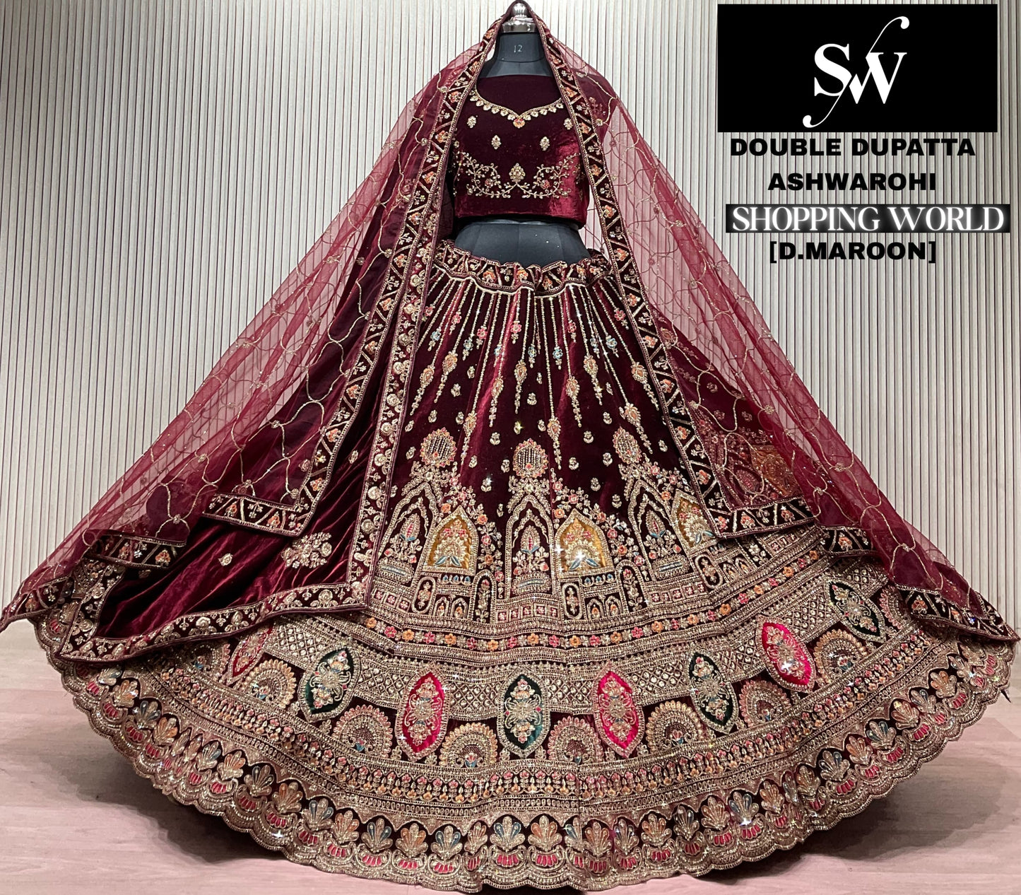Light Maroon Double Dupatta Bridal Lehenga