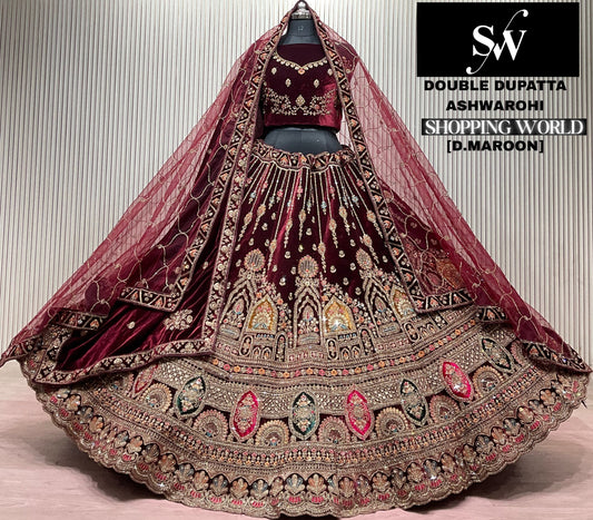 Dark Maroon Double Dupatta Bridal Lehenga - Shopping World