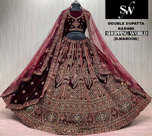 Dark Maroon Double Dupatta Bridal Lehenga - Shopping World