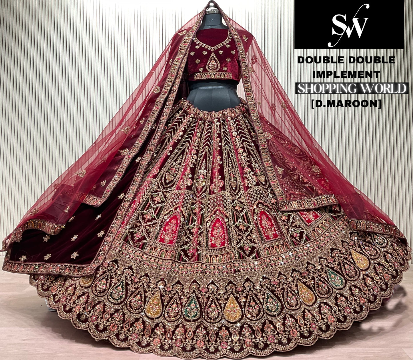 Dark Maroon Double Dupatta Bridal Lehenga - Shopping World