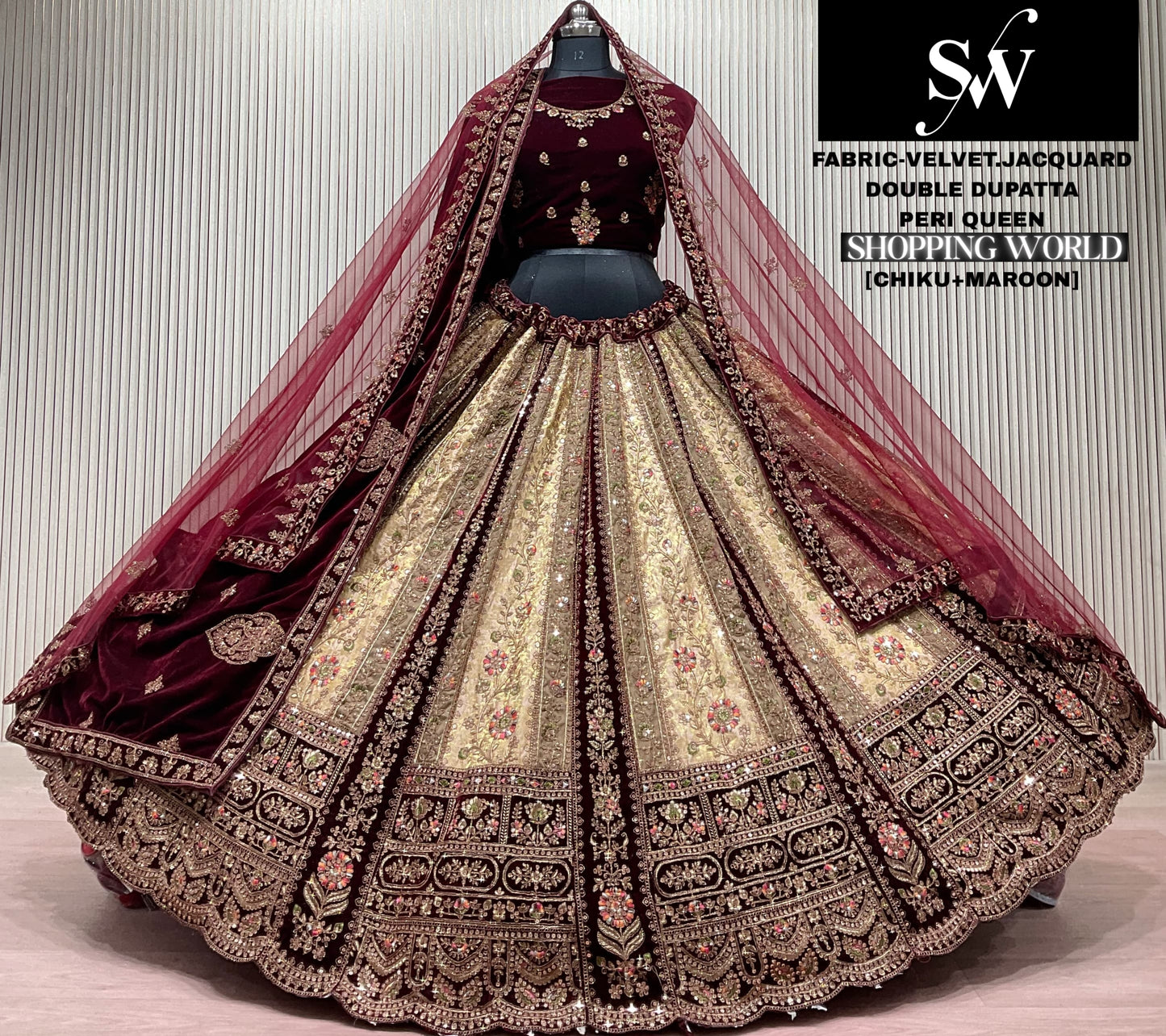 Chiku Maroon Velvet Jacquard Double Dupatta Bridal Lehenga - Shopping World