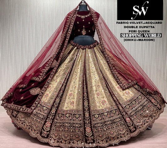 Chiku Maroon Velvet Jacquard Double Dupatta Bridal Lehenga - Shopping World