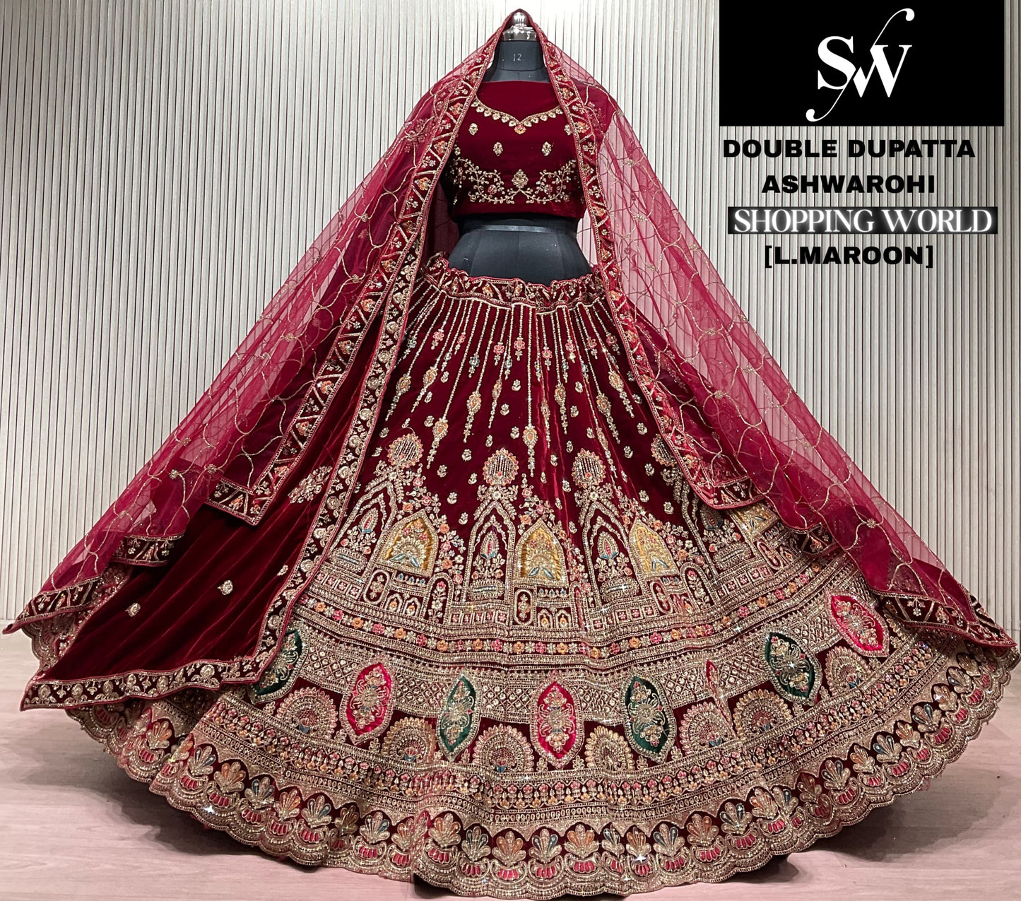 Dark Maroon Double Dupatta Bridal Lehenga