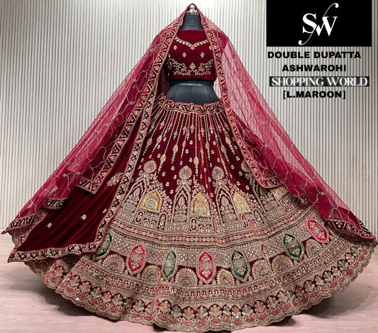 Dark Maroon Double Dupatta Bridal Lehenga