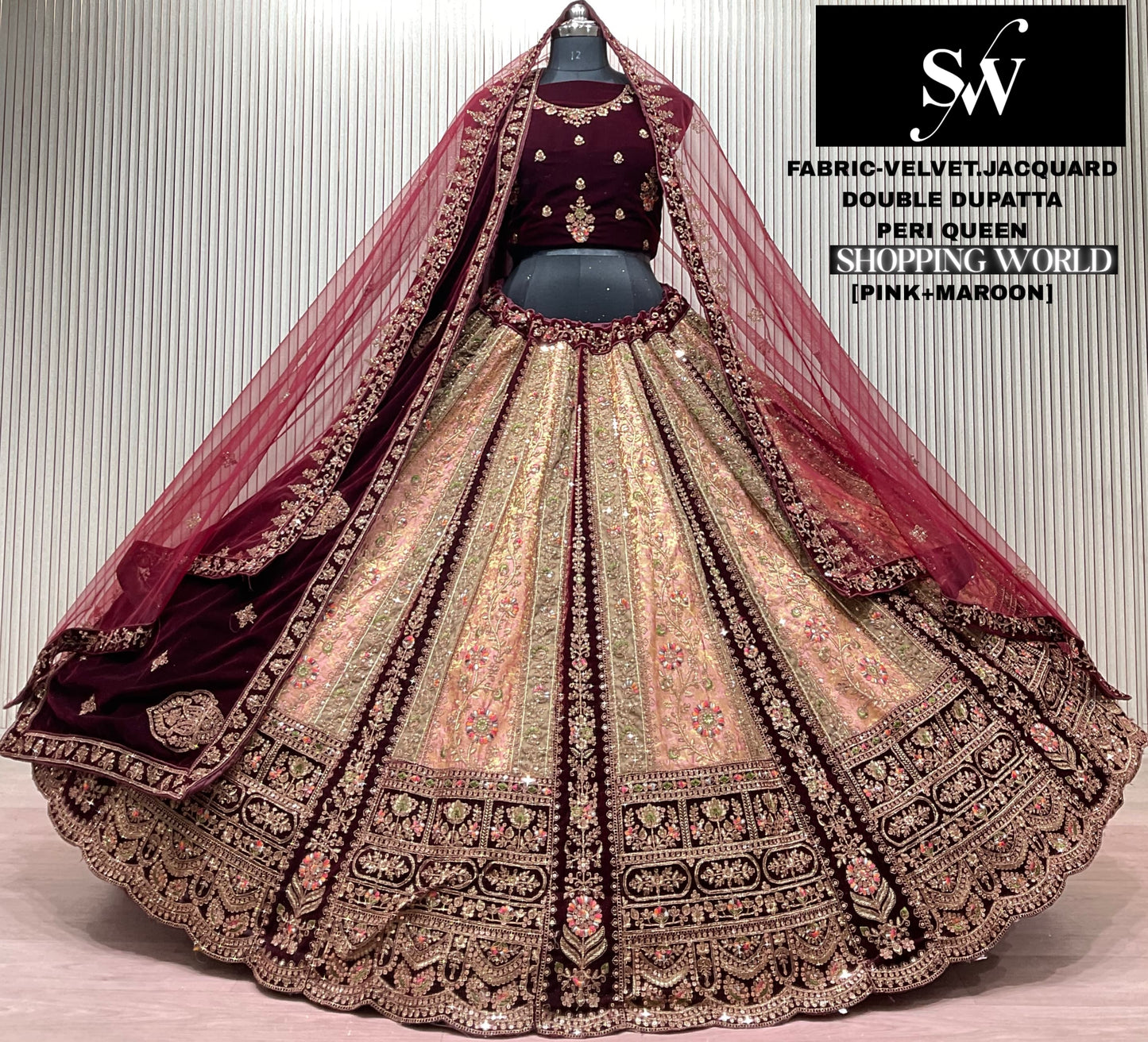 Chiku Maroon Velvet Jacquard Double Dupatta Bridal Lehenga