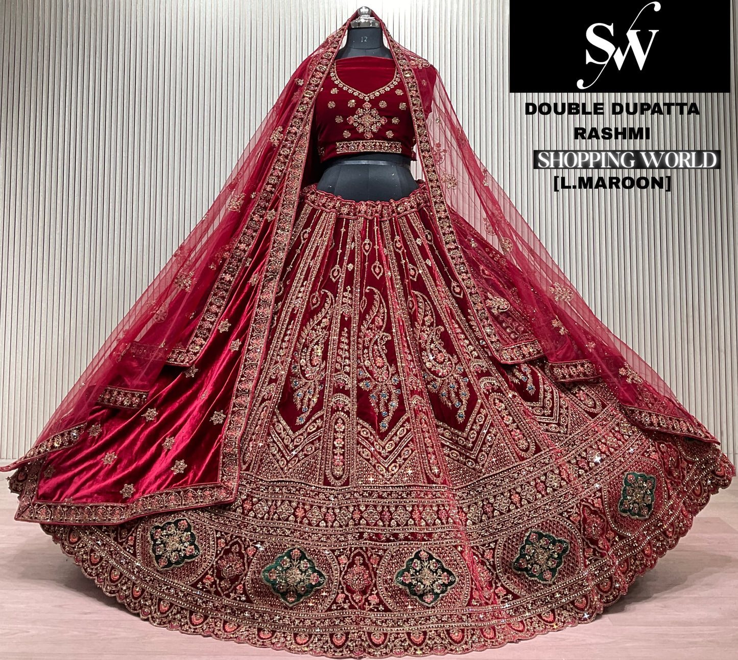 Dark Maroon Double Dupatta Bridal Lehenga - Shopping World