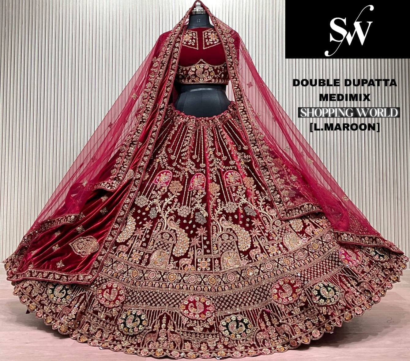 Light Maroon Peacock Double Dupatta Bridal Lehenga - Shopping World