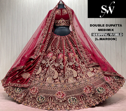 Light Maroon Peacock Double Dupatta Bridal Lehenga - Shopping World