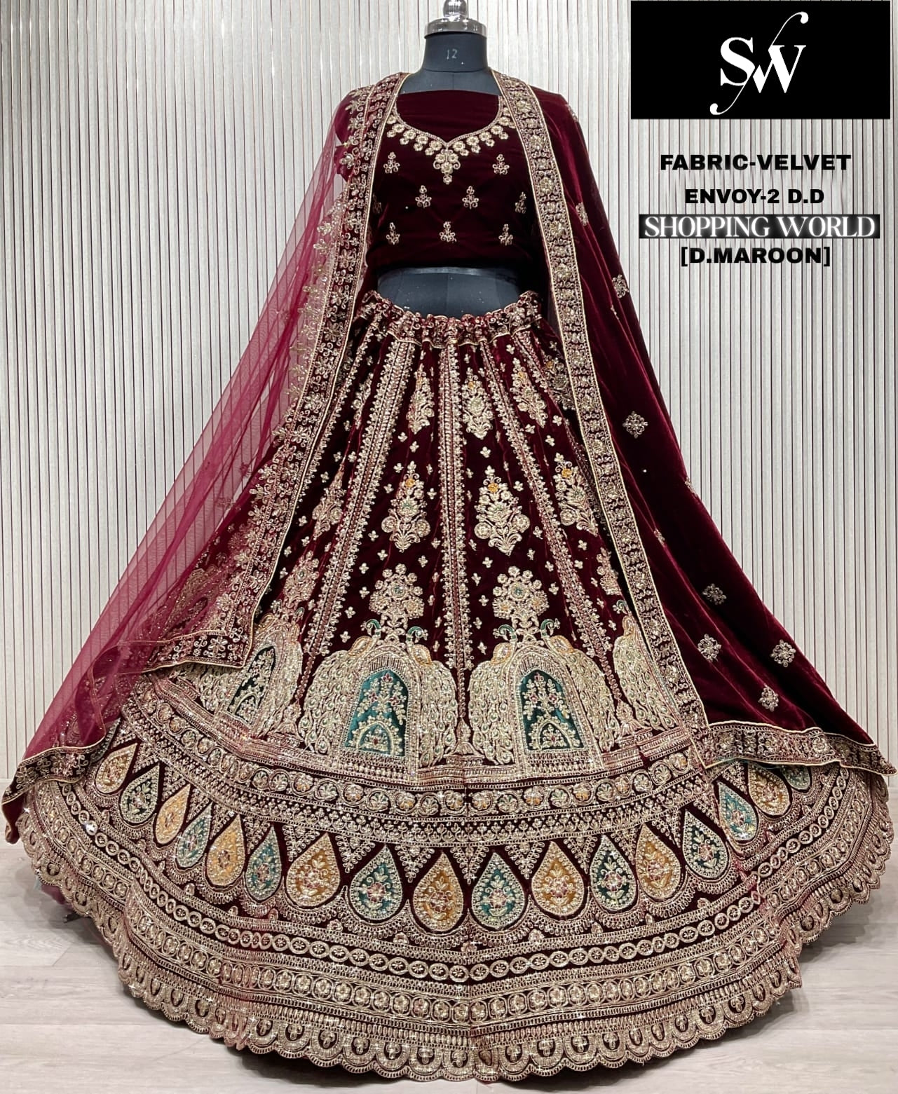 Dark maroon Velvet Bridal Lehenga - Shopping World