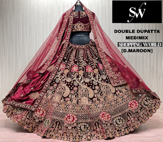 Light Maroon Peacock Double Dupatta Bridal Lehenga