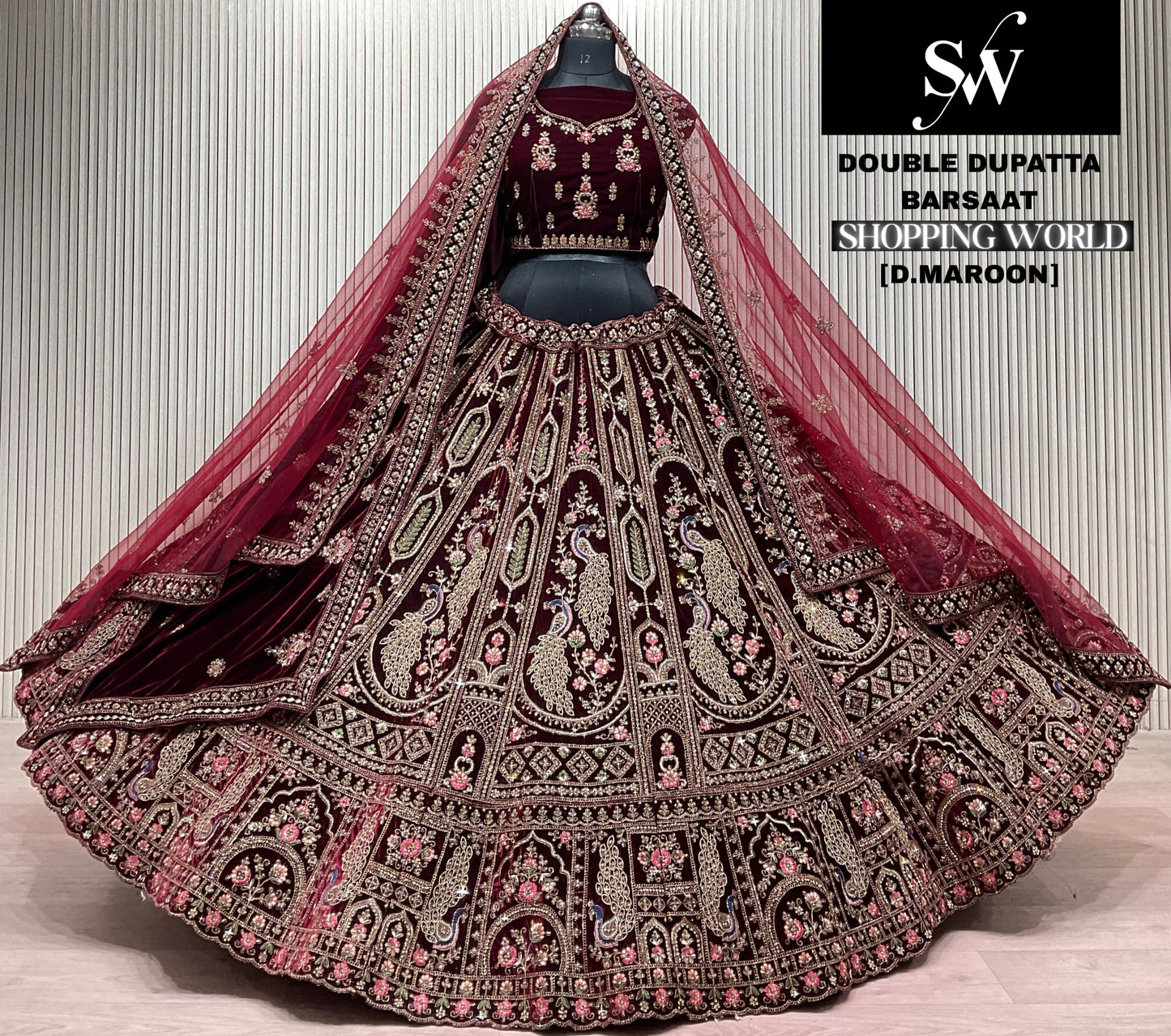 Dark Maroon peacock Double Dupatta Bridal Lehenga