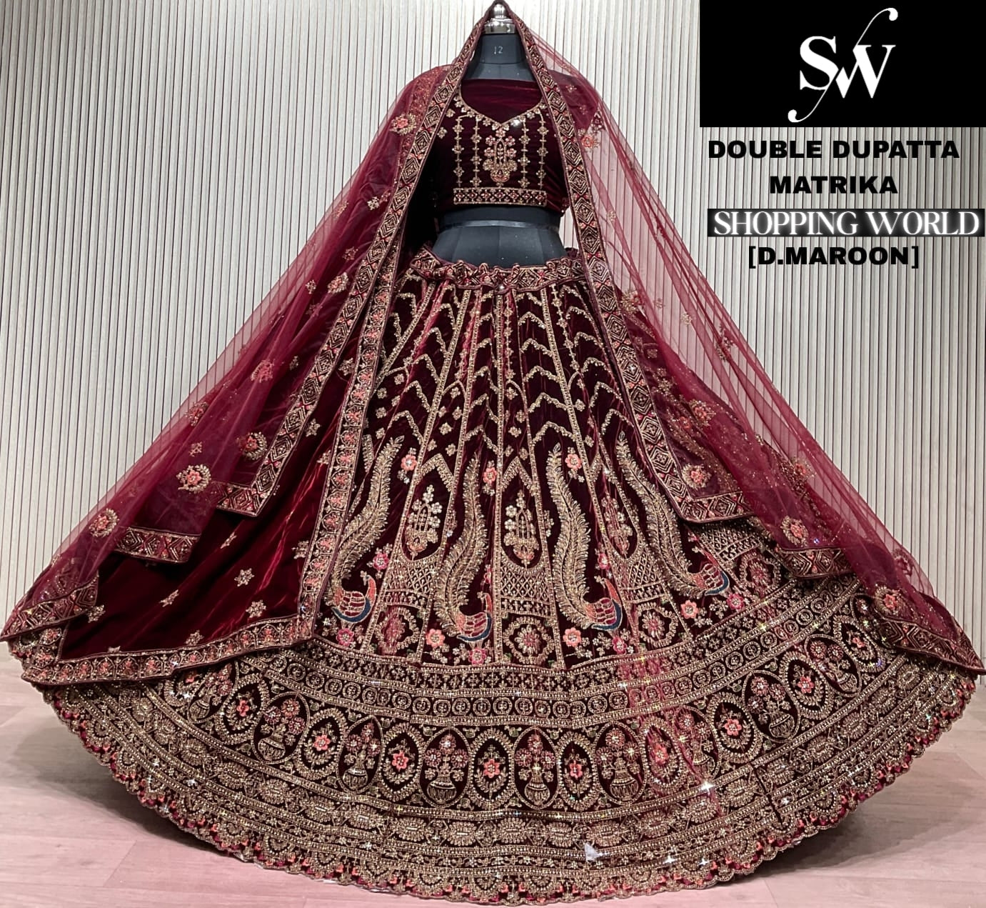 Dark Maroon peacock Double Dupatta Bridal Lehenga