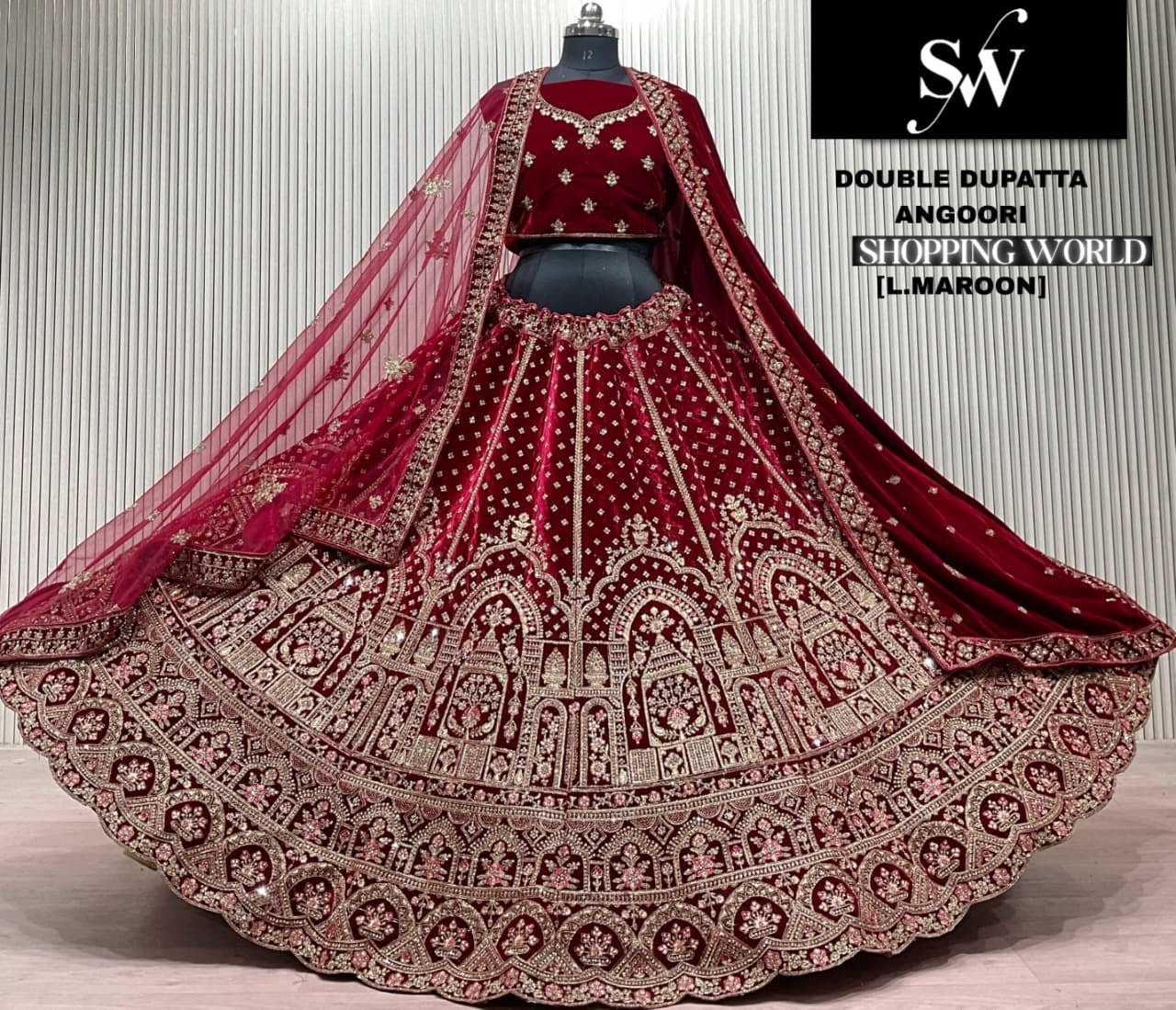 Light Maroon peacock Double Dupatta Bridal Lehenga
