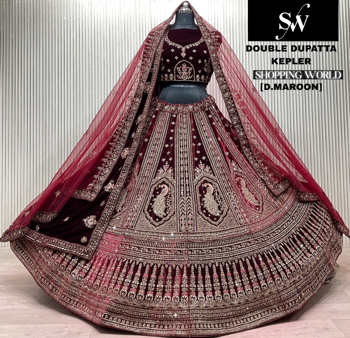 Dark Maroon Double Dupatta Peacock Bridal Lehenga