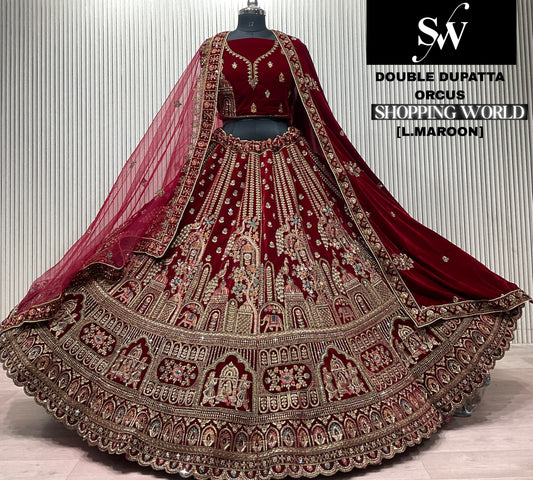 Dark Maroon Peacock Double Dupatta Bridal Lehenga