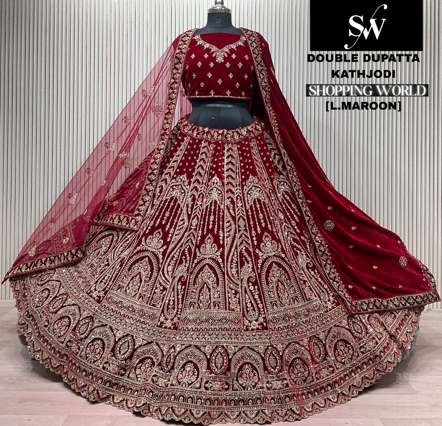Dark Maroon Double Dupatta Bridal Lehenga