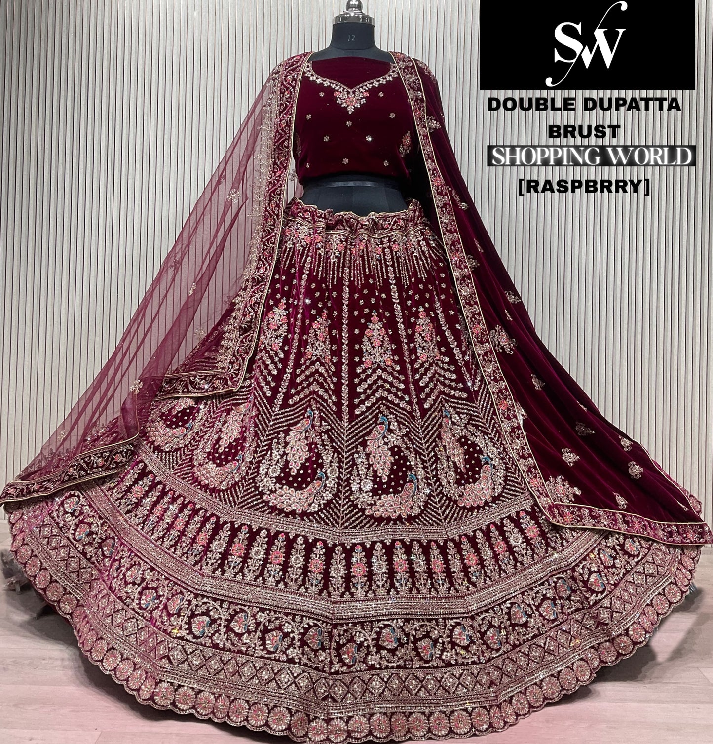Dark Maroon peacock Double Dupatta Bridal Lehenga