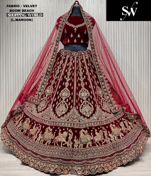 Dark Maroon Velvet Doli Barat Bridal Lehenga