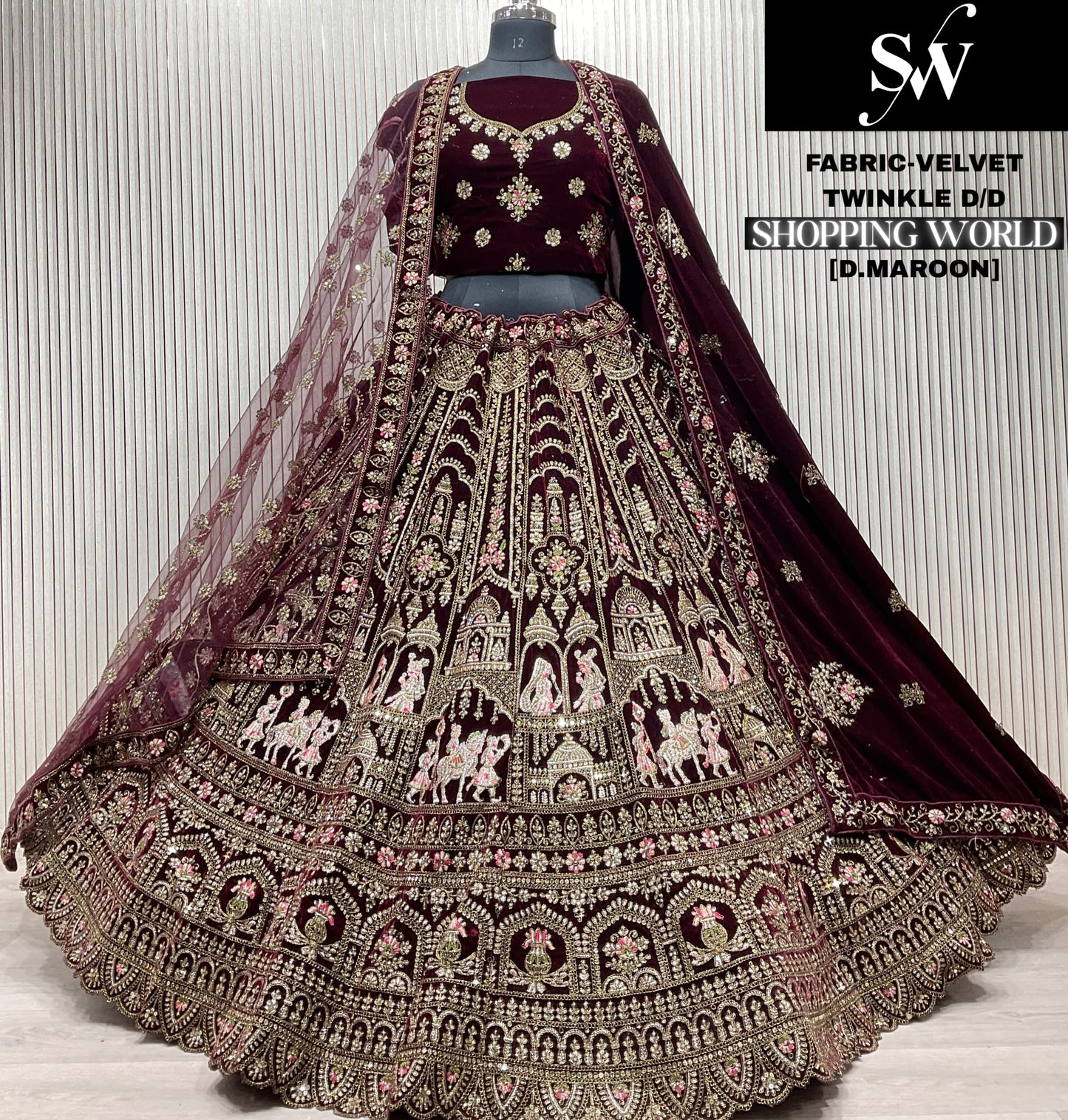 Dark Maroon Velvet Bridal Lehenga