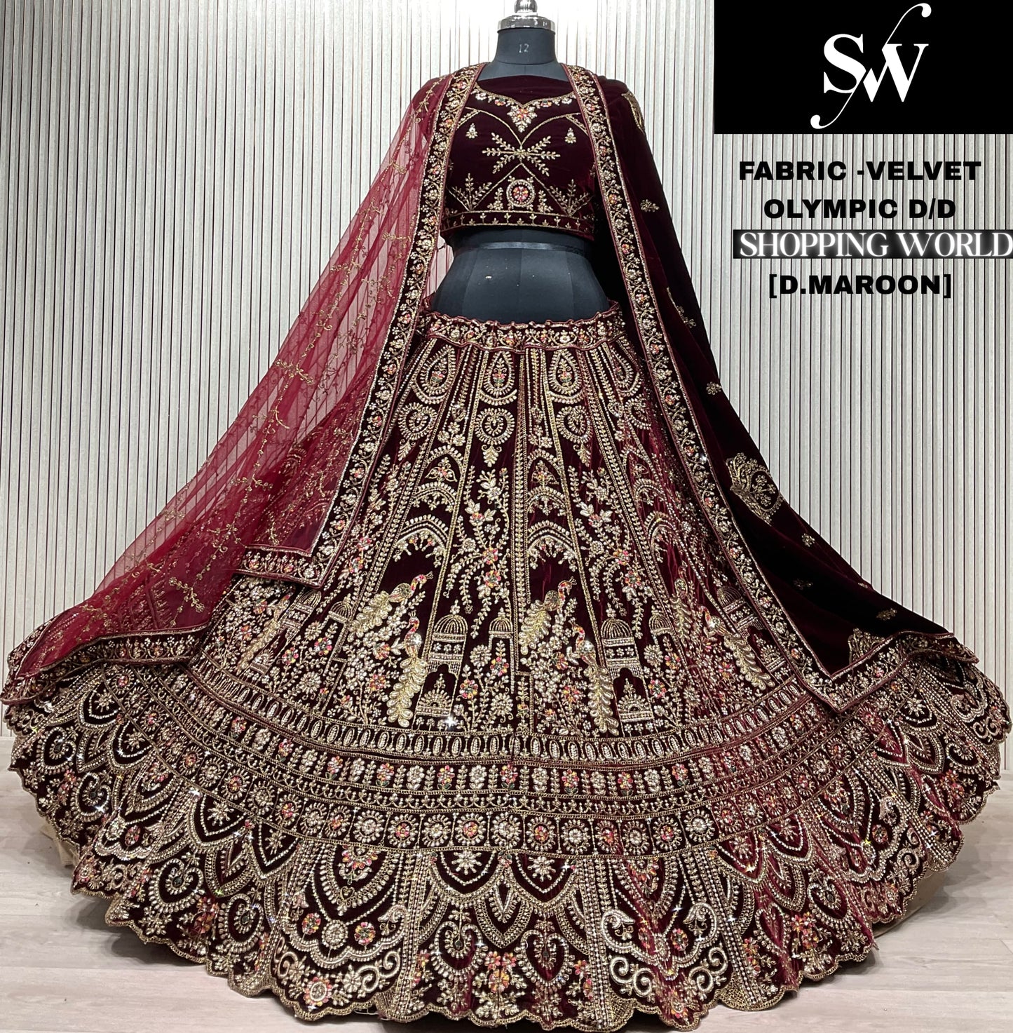 Dark Maroon Velvet Bridal Lehenga