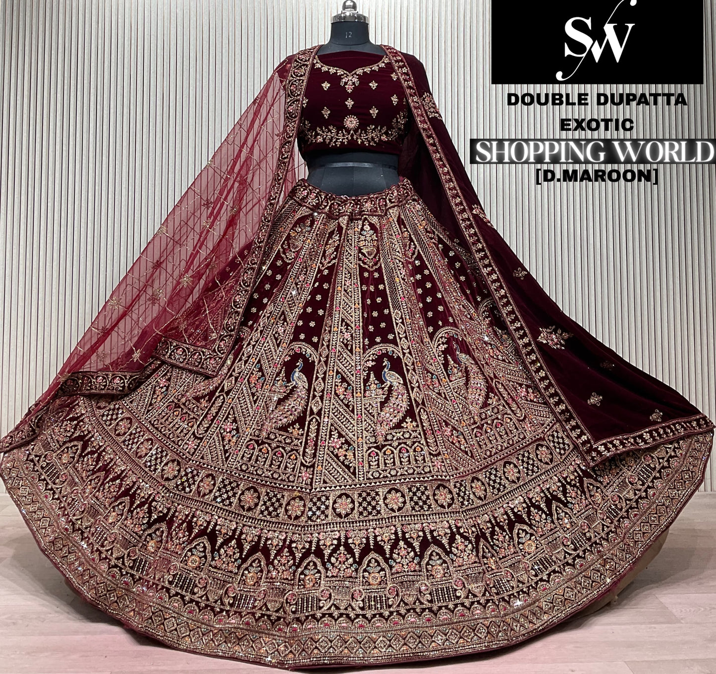 Light Maroon Double Dupatta peacock Bridal Lehenga