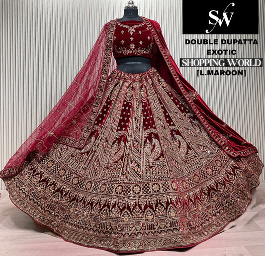 Dark Maroon Double Dupatta peacock Bridal Lehenga