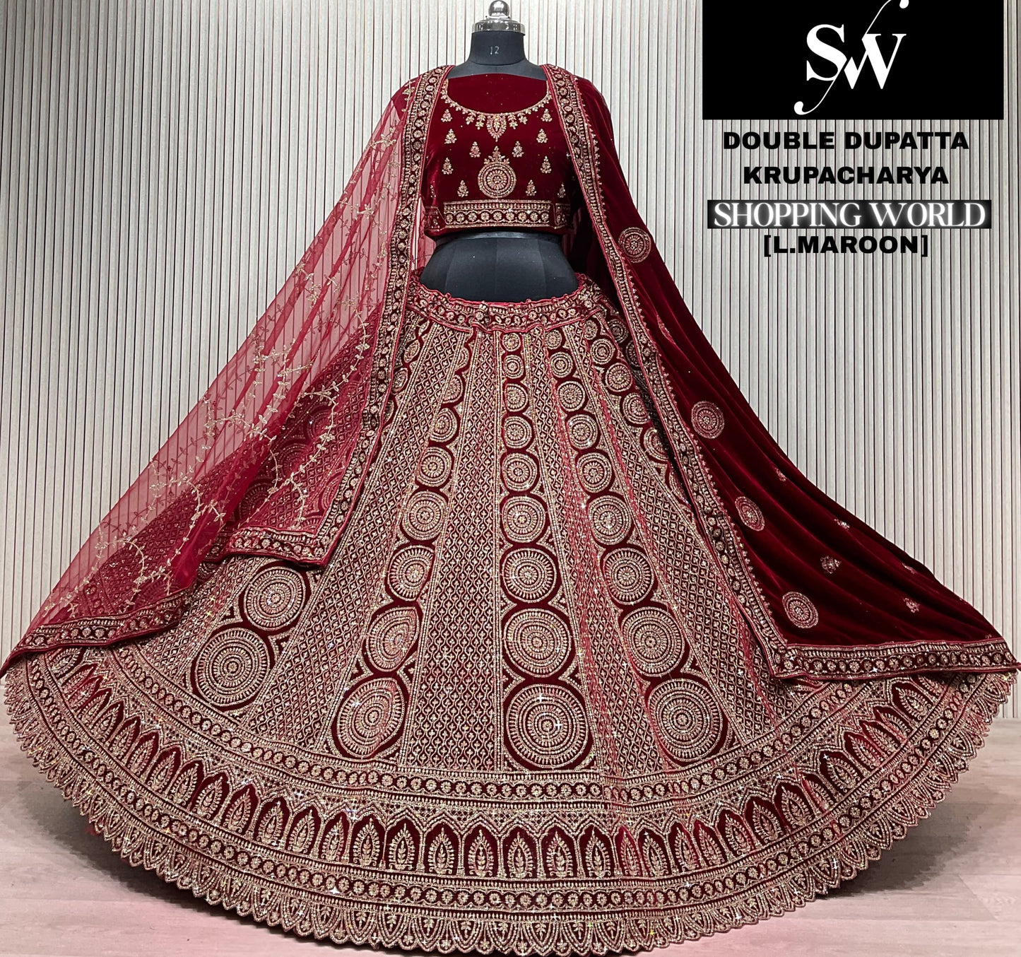 Wine Double Dupatta Bridal Lehenga